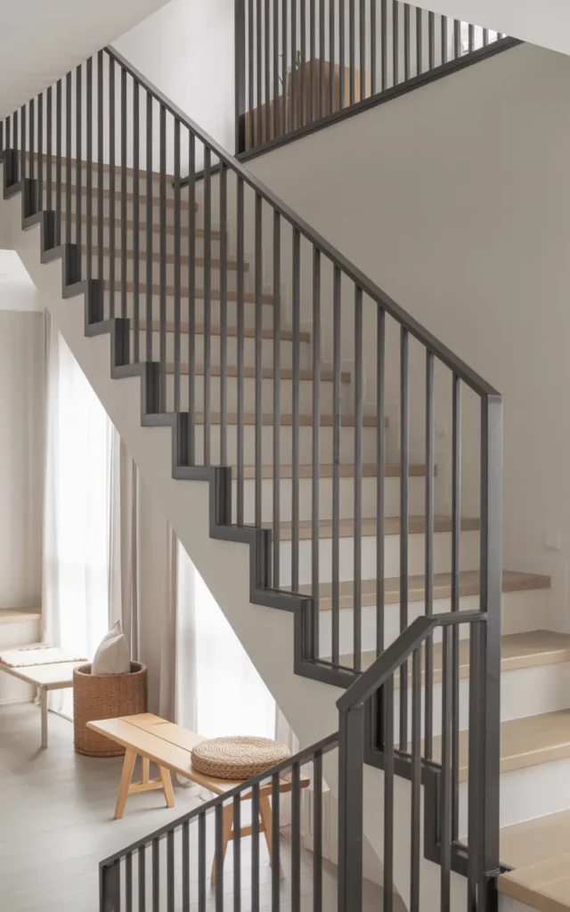 Install sleek black iron railings for a modern minimal look