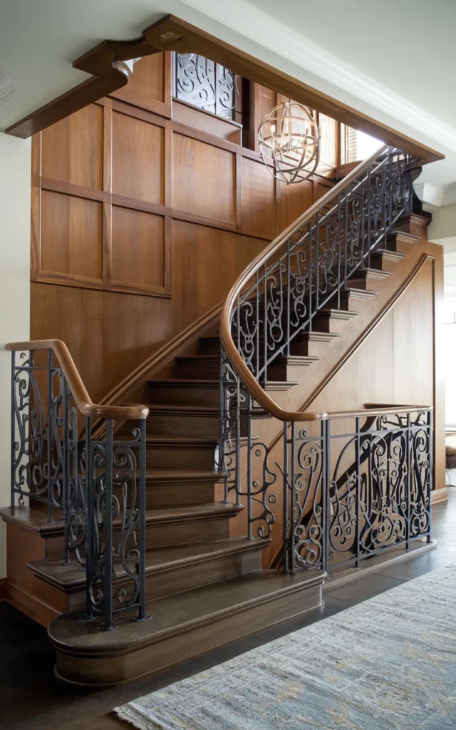 Layer iron railings with wood accents for depth