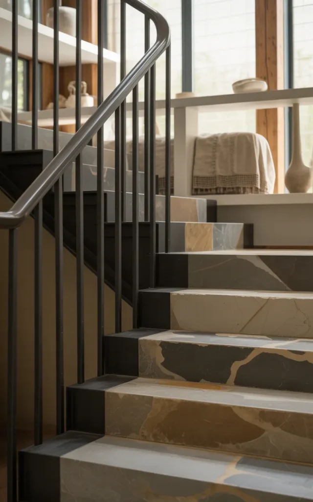 Mix iron railings with stone steps for texture contrast