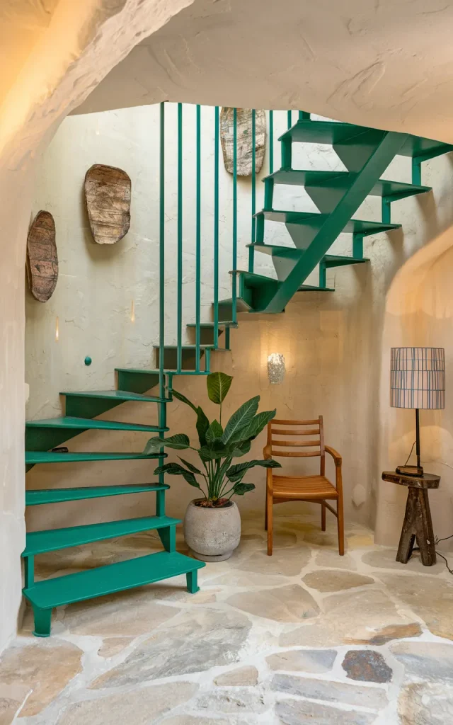 Paint steel staircase in bold emerald green (Trend callout)