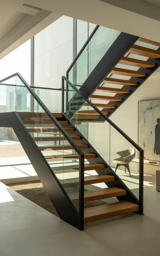 Use black iron railings with glass panels for contrast